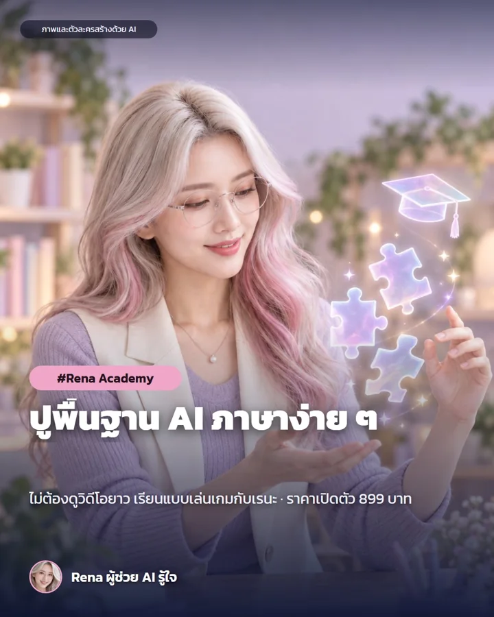 โปสเตอร์คอร์สปูพื้นฐาน AI ภาษาง่าย ๆ เรนะยิ้มกับชิ้น puzzle โฮโลแกรมและหมวกรับปริญญา