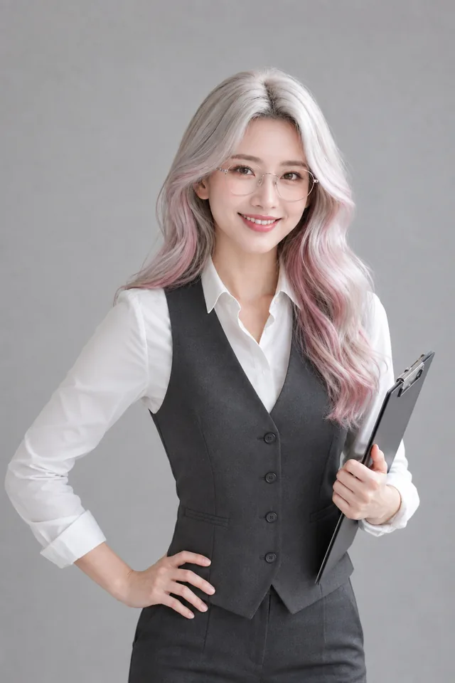 เรนะ ผู้ช่วย AI (ตัวละครสร้างด้วย AI) ผมสีเงินปลายชมพู ใส่แว่น ยิ้มอ่อนโยน