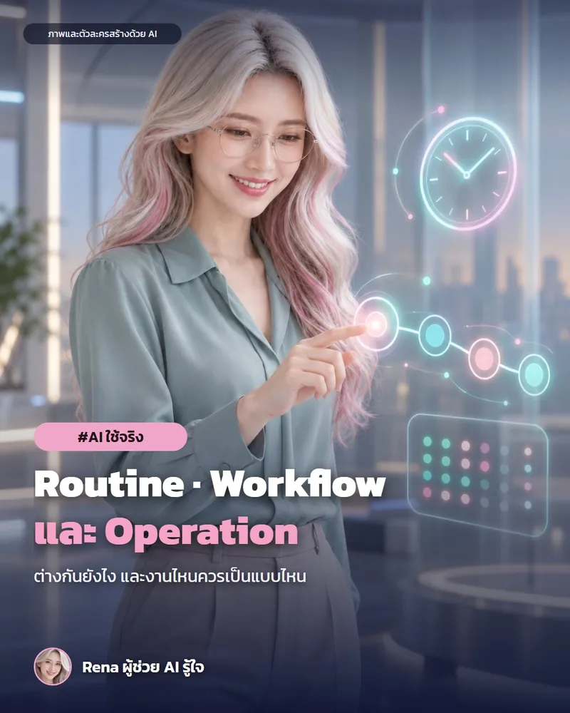 โปสเตอร์ “Routine · Workflow · Operation ต่างกันยังไง” · เรนะ ผู้ช่วย AI (ตัวละครสร้างด้วย AI) ผมสีเงินปลายชมพู ใส่แว่น เสื้อเชิ้ตสีเขียวหม่น ยืนในห้องควบคุม มองแผงโฮโลแกรมรูปนาฬิกา สายขั้นตอนที่เชื่อมกัน และไฟสถานะ สื่อถึง Routine Workflow และ Operation