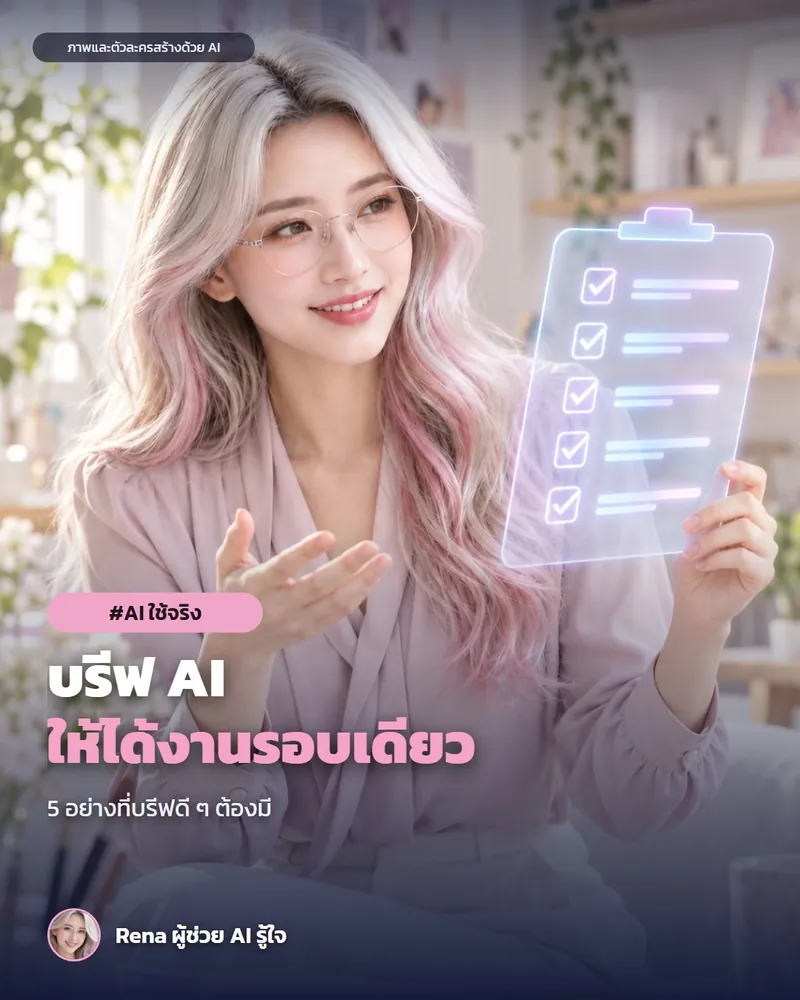 โปสเตอร์ “บรีฟ AI ยังไงให้ได้งานในรอบเดียว” · เรนะ ผู้ช่วย AI (ตัวละครสร้างด้วย AI) ผมสีเงินปลายชมพู ใส่แว่น เสื้อชมพูอ่อน นั่งที่โต๊ะทำงาน ถือคลิปบอร์ดโฮโลแกรมที่มีรายการเช็ก 5 ข้อ อธิบายวิธีบรีฟ AI