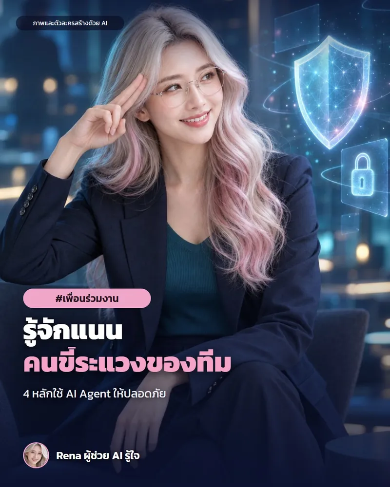 โปสเตอร์ “รู้จักแนน · ผู้ดูแลความปลอดภัยของทีม AI” · เรนะ ผู้ช่วย AI (ตัวละครสร้างด้วย AI) ผมสีเงินปลายชมพู ใส่แว่น สูทสีกรมท่า นั่งทำท่าวันทยหัตถ์อย่างร่าเริง ข้างตัวมีโล่และแม่กุญแจโฮโลแกรม สื่อถึงความปลอดภัยของระบบ AI