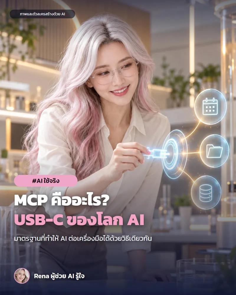 โปสเตอร์ “MCP คืออะไร · ทำไม AI ถึงต่อเครื่องมือได้” · เรนะ ผู้ช่วย AI (ตัวละครสร้างด้วย AI) ผมสีเงินปลายชมพู ใส่แว่น เสื้อเชิ้ตครีม โน้มตัวเสียบหัวต่อโฮโลแกรมเข้ากับฮับกลาง มีไอคอนปฏิทิน โฟลเดอร์ และฐานข้อมูลเรืองแสง สื่อถึง MCP ที่เชื่อม AI กับเครื่องมือ