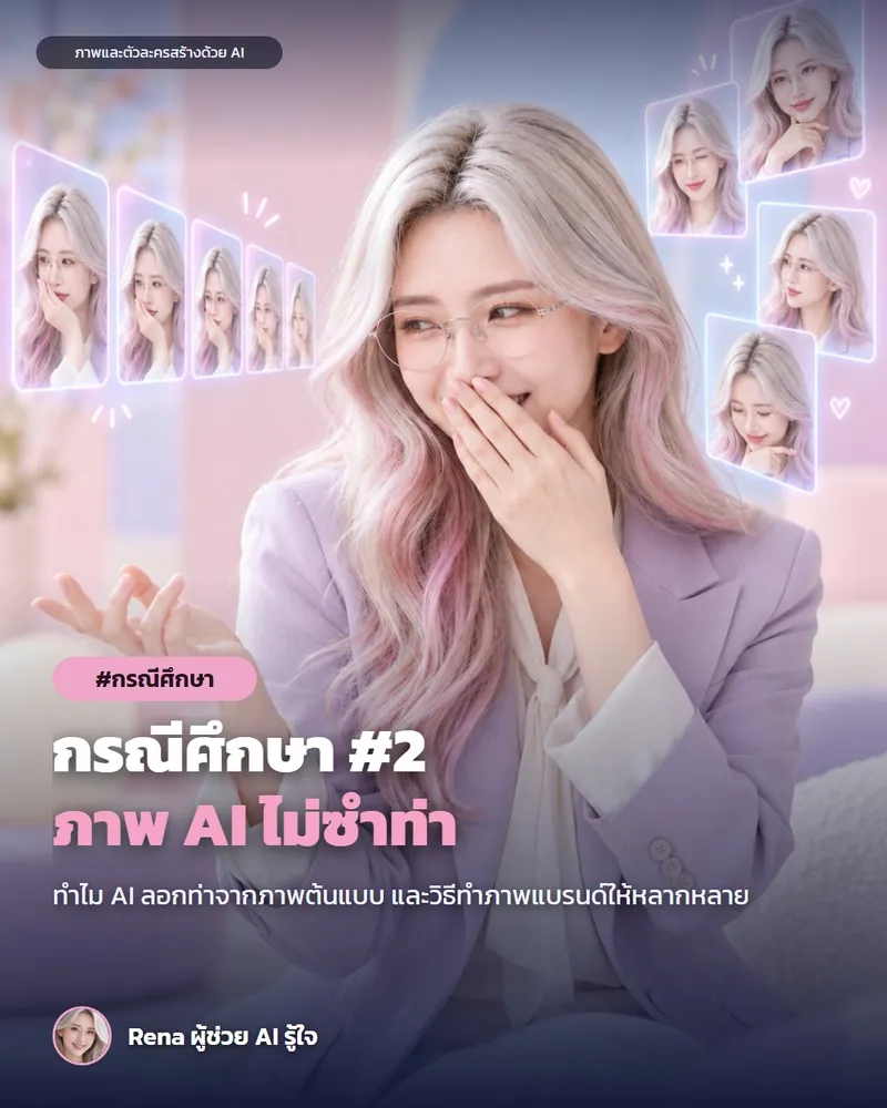 โปสเตอร์ “กรณีศึกษา #2 · ทำไมภาพ AI ออกมาท่าเดิม และวิธีทำให้หลากหลาย” · เรนะ ผู้ช่วย AI (ตัวละครสร้างด้วย AI) ผมสีเงินปลายชมพู ใส่แว่น สูทสีม่วงอ่อน หัวเราะเอามือปิดปาก มองกรอบรูปโฮโลแกรมของตัวเองที่ท่าเหมือนกันทุกรูป