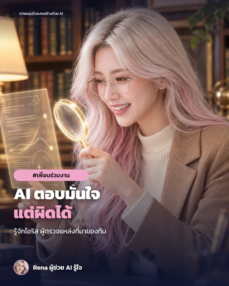 โปสเตอร์ “รู้จักไอริส · ทำไม AI ต้องมีคนตรวจแหล่งที่มา” · เรนะ ผู้ช่วย AI (ตัวละครสร้างด้วย AI) ผมสีเงินปลายชมพู ใส่แว่น สูทสีน้ำตาล ส่องแว่นขยายโฮโลแกรมตรวจเอกสารโปร่งแสง ในห้องทำงานแบบห้องสมุด สื่อถึงการตรวจแหล่งที่มาของข้อมูล AI