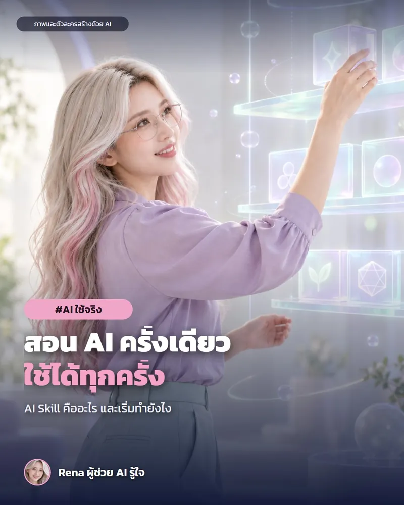 โปสเตอร์ “Skill · สอน AI ครั้งเดียว ใช้ได้ทุกครั้ง” · เรนะ ผู้ช่วย AI (ตัวละครสร้างด้วย AI) ผมสีเงินปลายชมพู ใส่แว่น เสื้อม่วงอ่อนกับกางเกงสีมิ้นต์ วางกล่องโฮโลแกรมเรืองแสงลงบนชั้นที่มีกล่องแบบเดียวกันเรียงอยู่ สื่อถึง Skill ที่เก็บไว้ใช้ซ้ำ
