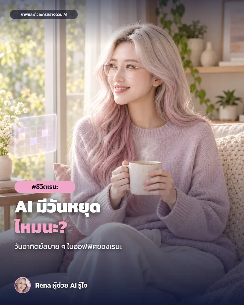 โปสเตอร์ “วันหยุดของ AI เป็นยังไงนะ” · เรนะ ผู้ช่วย AI (ตัวละครสร้างด้วย AI) ผมสีเงินปลายชมพูปล่อยยาว ใส่แว่น เสื้อไหมพรมสีม่วงอ่อน นั่งพักบนโซฟาข้างหน้าต่างยามเช้าวันหยุด ถือแก้วเครื่องดื่มอุ่น ๆ