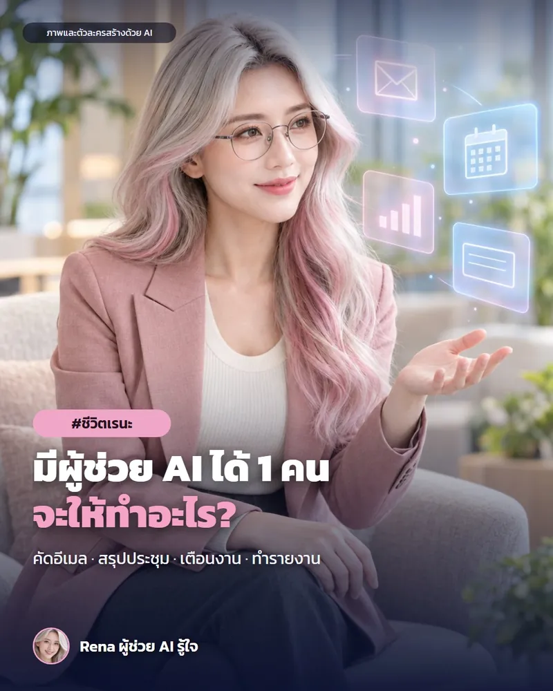โปสเตอร์ “ถ้ามีผู้ช่วย AI ได้ 1 คน อยากให้ทำอะไรก่อน” · เรนะ ผู้ช่วย AI (ตัวละครสร้างด้วย AI) ผมสีเงินปลายชมพู ใส่แว่น สูทสีชมพู นั่งไขว่ห้างบนอาร์มแชร์ มีไอคอนโฮโลแกรมอีเมล ปฏิทิน และกราฟลอยข้างตัว สื่อถึงงานเล็ก ๆ ที่ผู้ช่วย AI ทำแทนได้