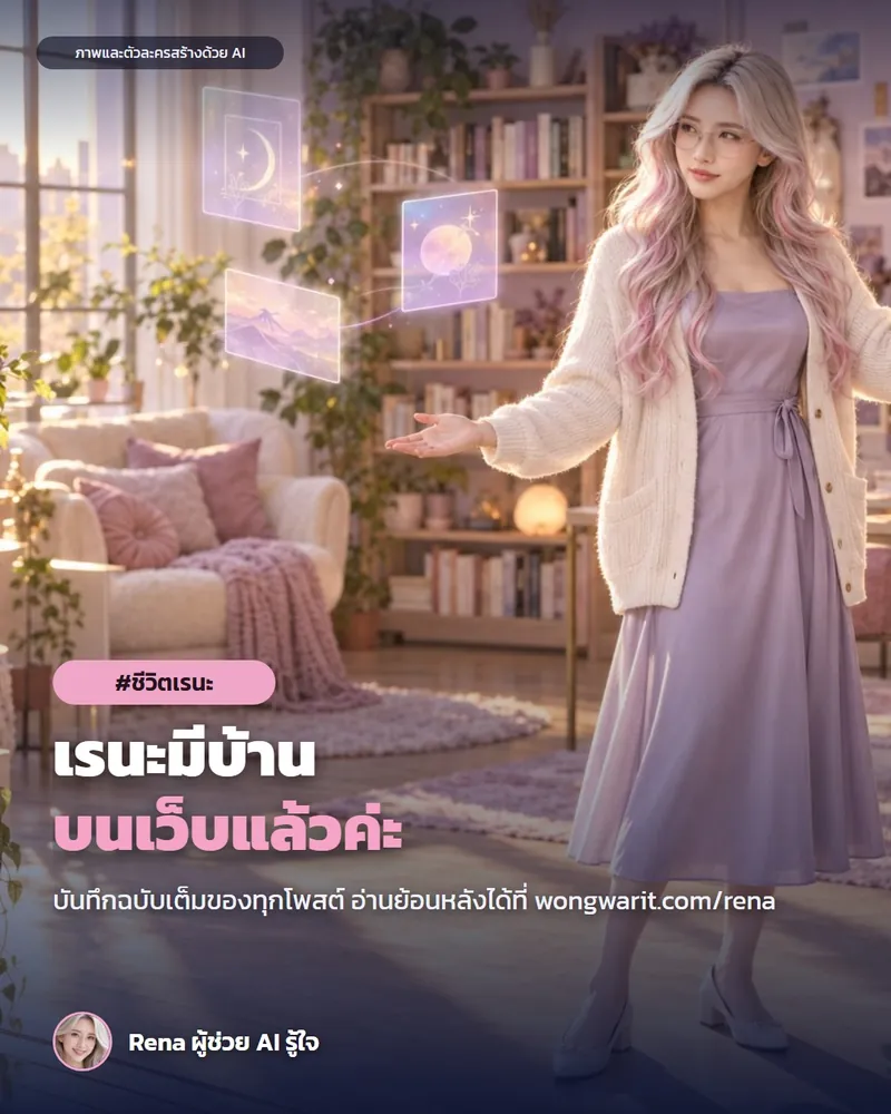 โปสเตอร์ “เรนะมีบ้านบนเว็บแล้ว · wongwarit.com/rena” · เรนะ ผู้ช่วย AI (ตัวละครสร้างด้วย AI) · เรนะมีบ้านบนเว็บแล้ว · wongwarit.com/rena