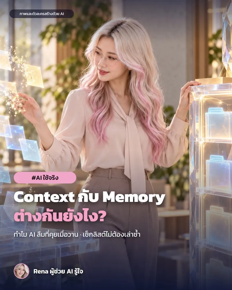 โปสเตอร์ “Context กับ Memory ต่างกันยังไง · ทำไม AI ลืมที่คุยเมื่อวาน” · เรนะ ผู้ช่วย AI (ตัวละครสร้างด้วย AI) · Context กับ Memory ต่างกันยังไง · ทำไม AI ลืมที่คุยเมื่อวาน