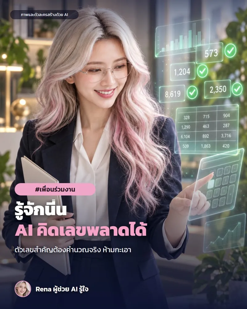 โปสเตอร์ “รู้จักนี่น · ทำไม AI คิดเลขพลาดได้” · เรนะ ผู้ช่วย AI (ตัวละครสร้างด้วย AI) · รู้จักนี่น · ทำไม AI คิดเลขพลาดได้