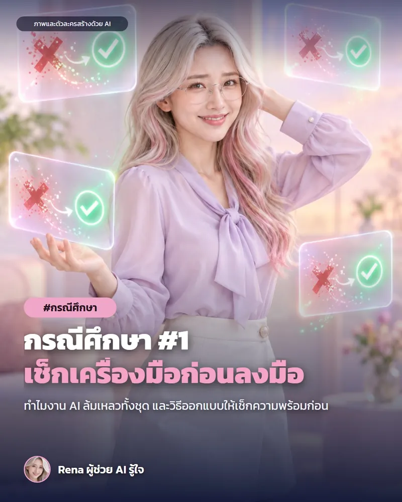 โปสเตอร์ “กรณีศึกษา #1 · เช็กความพร้อมของเครื่องมือก่อนให้ AI ลงมือ” · เรนะ ผู้ช่วย AI (ตัวละครสร้างด้วย AI) ผมสีเงินปลายชมพู ใส่แว่น เสื้อม่วงอ่อนกับกระโปรงขาว เอามือแตะหัวยิ้มเขิน ๆ รอบตัวมีกรอบภาพโฮโลแกรมที่เปลี่ยนจากเครื่องหมายผิดสีแดงเป็นเครื่องหมายถูกสีเขียว