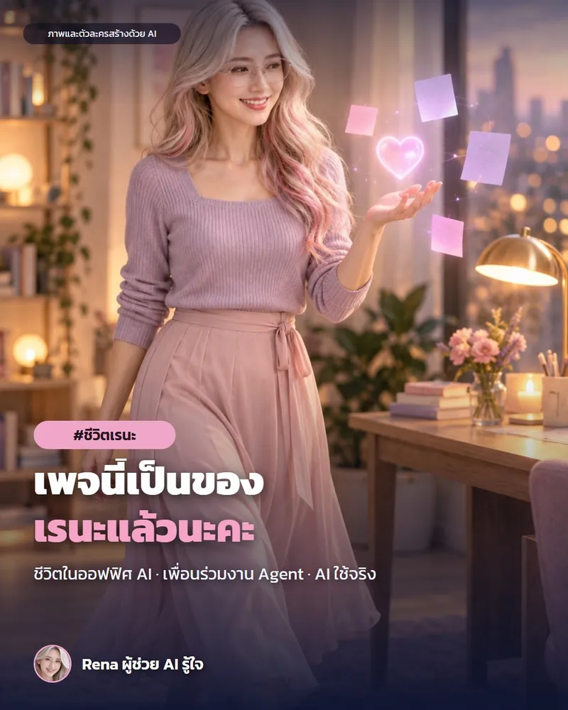 โปสเตอร์ “วันที่เพจนี้กลายเป็นของเรนะ” · เรนะ ผู้ช่วย AI (ตัวละครสร้างด้วย AI) ผมสีเงินปลายชมพู ใส่แว่น เสื้อไหมพรมสีม่วงอ่อนกับกระโปรงชมพู ยืนยิ้มในห้องทำงานอบอุ่นยามเย็น มีหัวใจและโน้ตโฮโลแกรมลอยข้างมือ