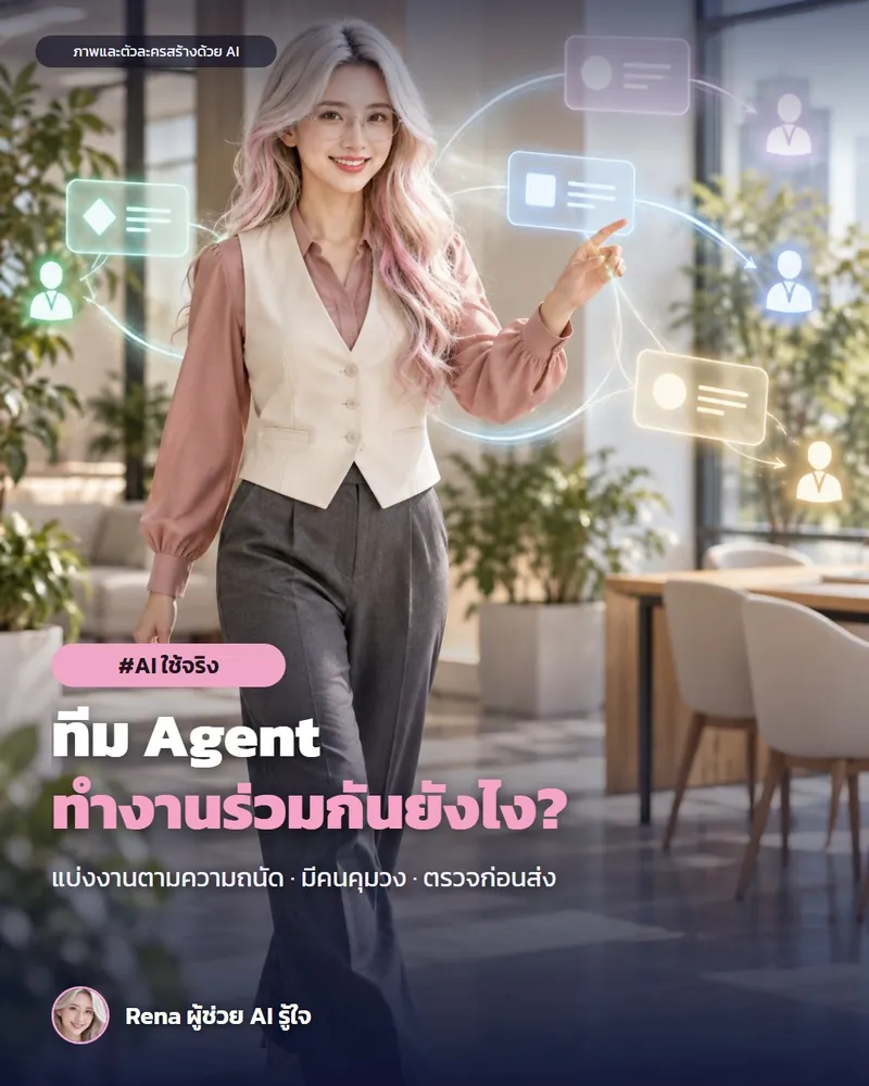 โปสเตอร์ “Agent เก่งคนเดียวไม่พอ · ทีม Agent ทำงานร่วมกันยังไง” · เรนะ ผู้ช่วย AI (ตัวละครสร้างด้วย AI) ผมสีเงินปลายชมพู ใส่เสื้อกั๊กครีมกับกางเกงสีเทา เดินในออฟฟิศทันสมัย ชี้ไปที่การ์ดงานโฮโลแกรมที่เชื่อมเส้นแสงไปหาไอคอนทีม แสดงการแจกงานให้ทีม AI Agent