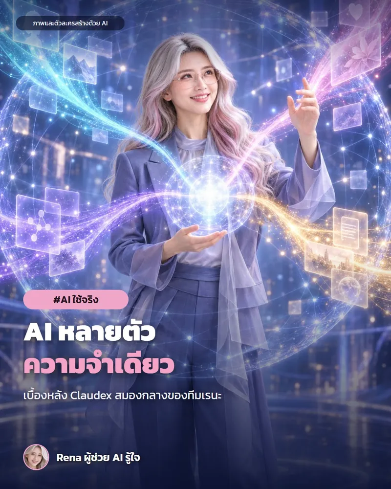 โปสเตอร์ “คุย AI หลายที่ แต่ความจำเดียว · เบื้องหลัง Claudex” · เรนะ ผู้ช่วย AI (ตัวละครสร้างด้วย AI) ผมสีเงินปลายชมพู ใส่แว่น สูทสีม่วง ยืนกลางทรงกลมเครือข่ายแสงโฮโลแกรม มีสายแสงหลายสีไหลมารวมกันตรงกลาง สื่อถึงสมองกลางที่ AI ทุกช่องทางใช้ร่วมกัน